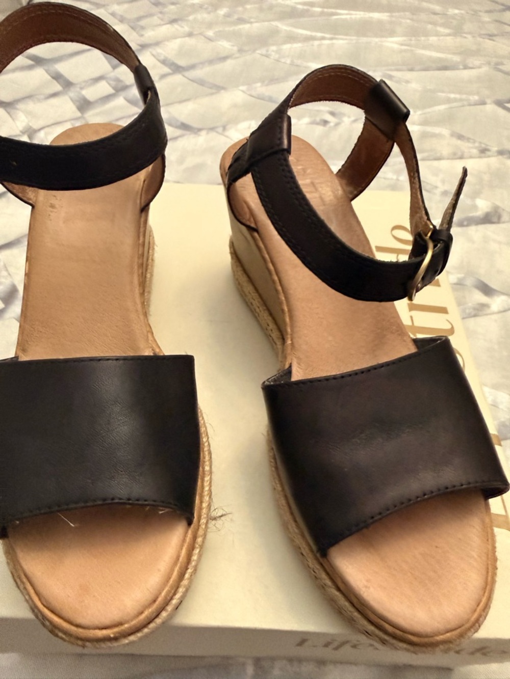 Black Leather Espadrille Wedge Sandals - sz 9